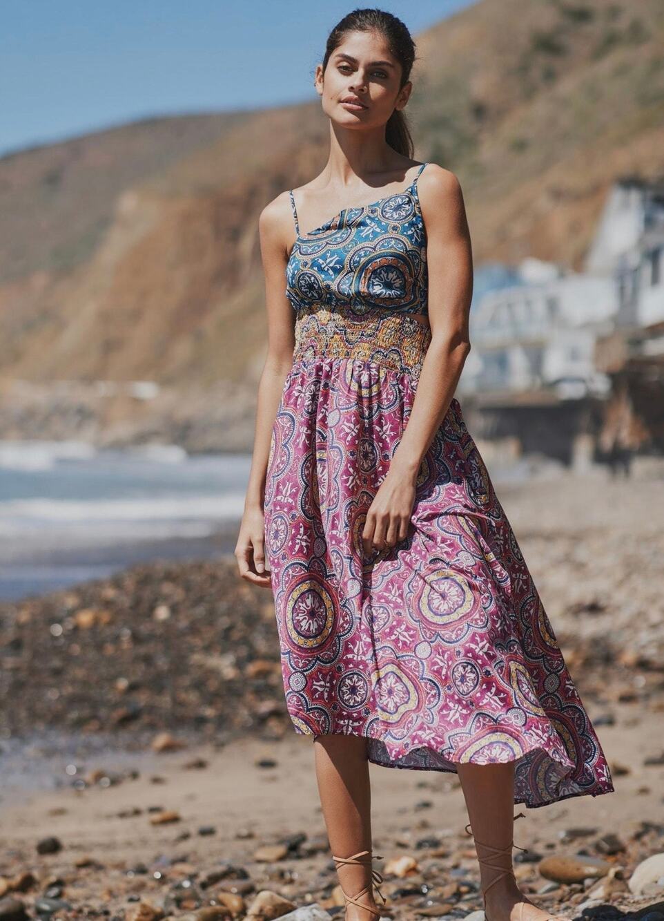 Anthropologie Women's Cutout Smocked Floral Mixed Media Dress size Large